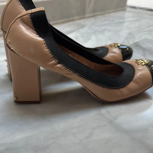 Tory Burch Black and Beige Cap Toe Heels - Picture 3 of 7